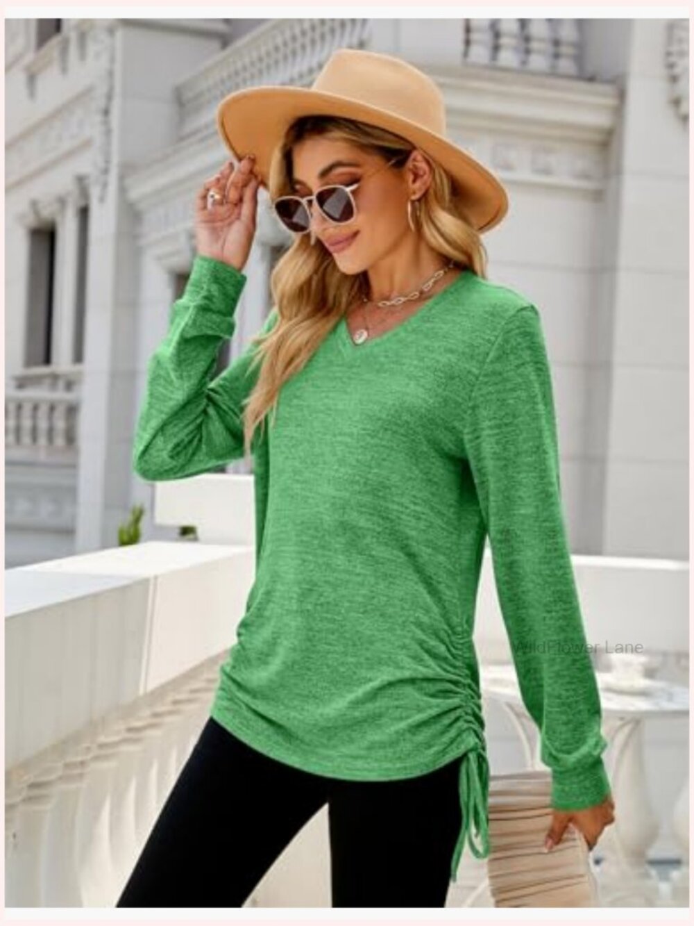 V Neck Drawstring Ruched Long Sleeve Tunic Blouse Pullover - Picture 4 of 6